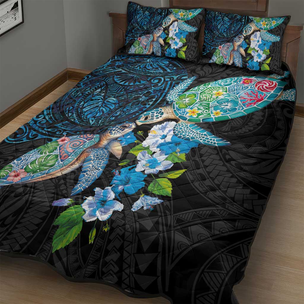 Hawaiian Couple Turtles Honi Quilt Bed Set Polynesian Art Motifs and Hibiscus Black Blue Color LT03 - Polynesian Pride