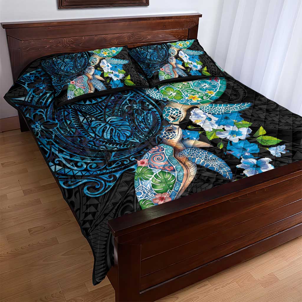 Hawaiian Couple Turtles Honi Quilt Bed Set Polynesian Art Motifs and Hibiscus Black Blue Color LT03 - Polynesian Pride