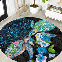 Hawaiian Couple Turtles Honi Round Carpet Polynesian Art Motifs and Hibiscus Black Blue Color LT03 Black - Polynesian Pride