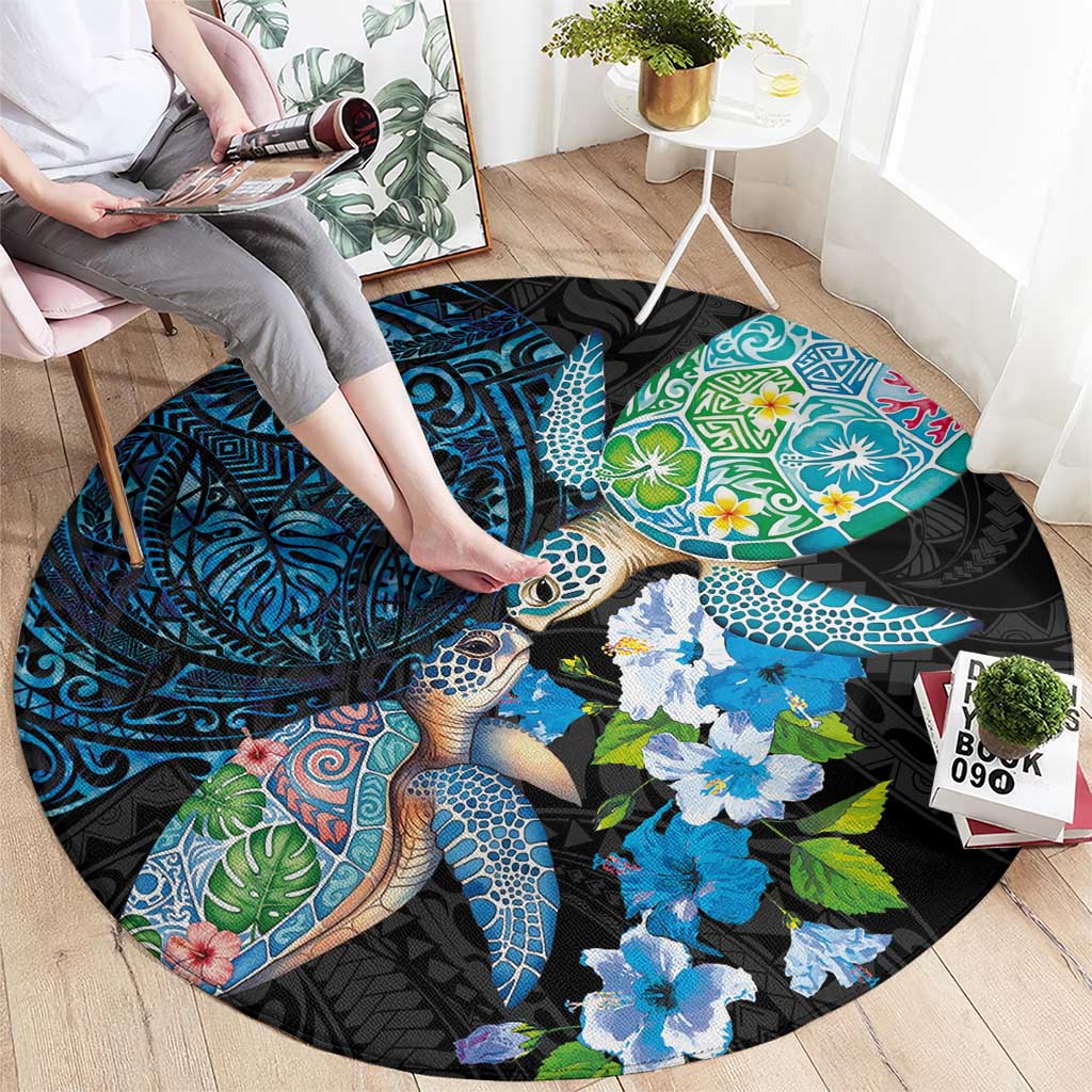 Hawaiian Couple Turtles Honi Round Carpet Polynesian Art Motifs and Hibiscus Black Blue Color LT03 - Polynesian Pride