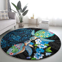 Hawaiian Couple Turtles Honi Round Carpet Polynesian Art Motifs and Hibiscus Black Blue Color LT03 - Polynesian Pride