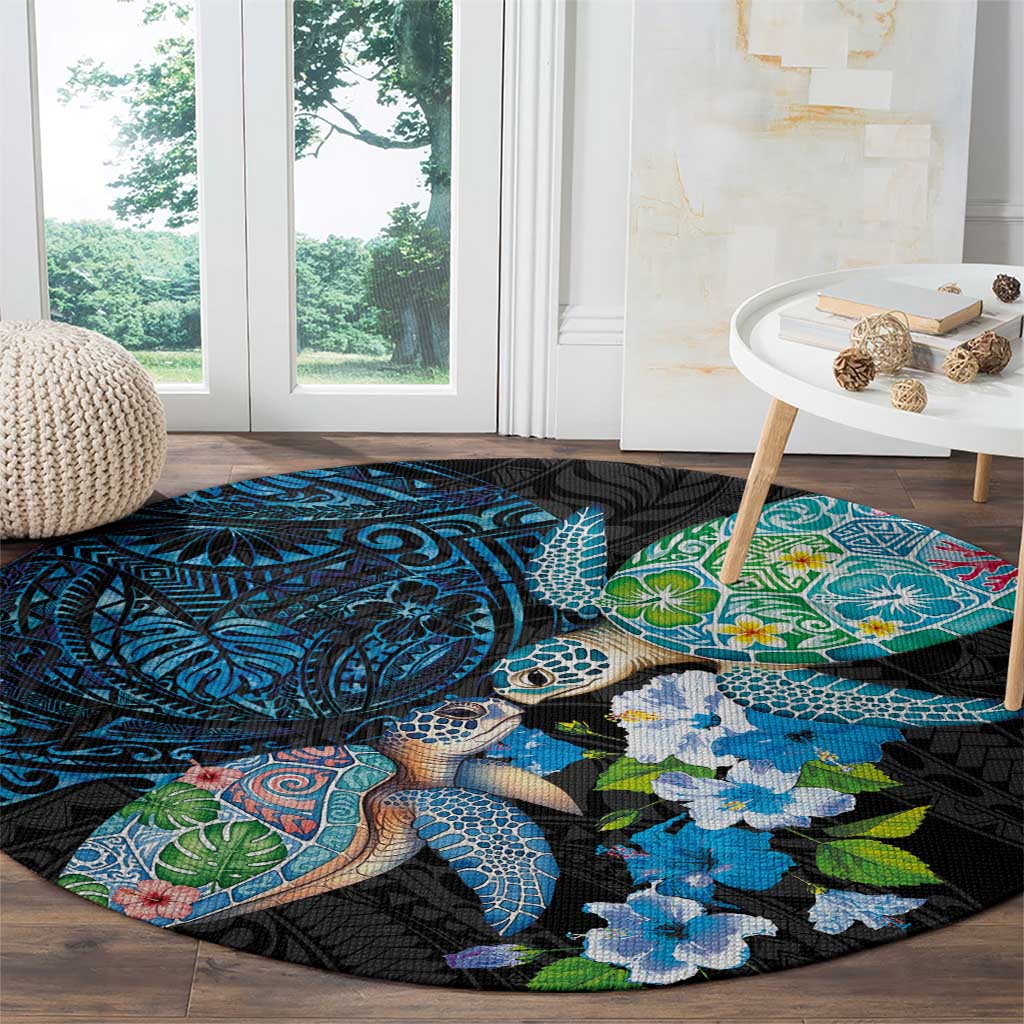 Hawaiian Couple Turtles Honi Round Carpet Polynesian Art Motifs and Hibiscus Black Blue Color LT03 - Polynesian Pride