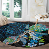 Hawaiian Couple Turtles Honi Round Carpet Polynesian Art Motifs and Hibiscus Black Blue Color LT03 - Polynesian Pride