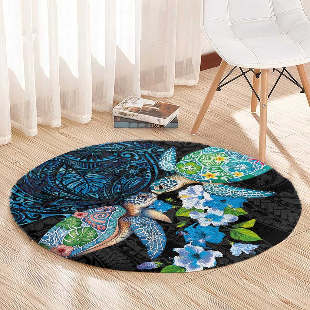 Hawaiian Couple Turtles Honi Round Carpet Polynesian Art Motifs and Hibiscus Black Blue Color LT03 - Polynesian Pride