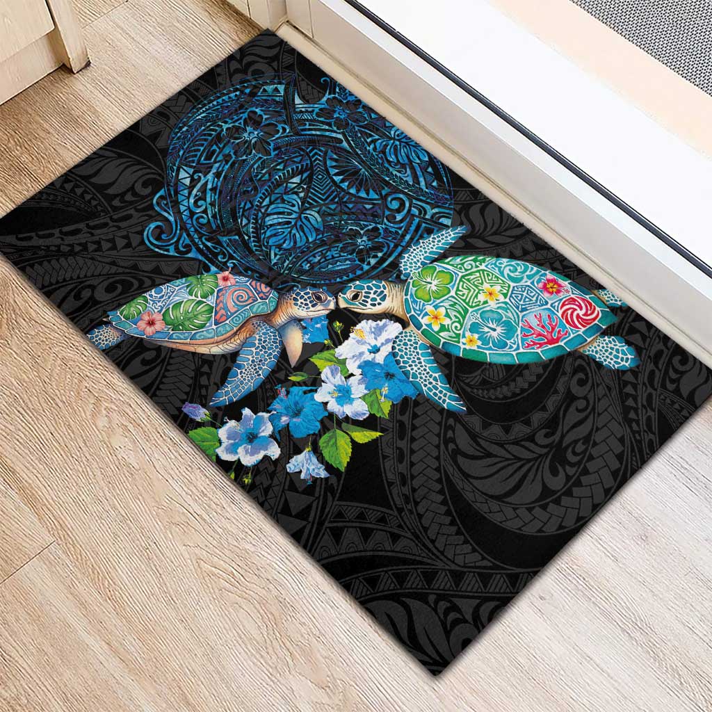 Hawaiian Couple Turtles Honi Rubber Doormat Polynesian Art Motifs and Hibiscus Black Blue Color LT03 - Polynesian Pride