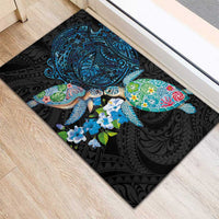 Hawaiian Couple Turtles Honi Rubber Doormat Polynesian Art Motifs and Hibiscus Black Blue Color LT03 - Polynesian Pride
