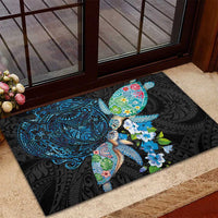 Hawaiian Couple Turtles Honi Rubber Doormat Polynesian Art Motifs and Hibiscus Black Blue Color LT03 - Polynesian Pride