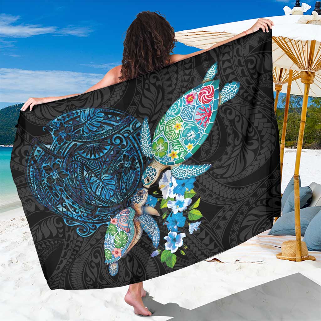 Hawaiian Couple Turtles Honi Sarong Polynesian Art Motifs and Hibiscus Black Blue Color LT03 One Size 44 x 66 inches Black - Polynesian Pride