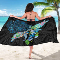 Hawaiian Couple Turtles Honi Sarong Polynesian Art Motifs and Hibiscus Black Blue Color LT03 - Polynesian Pride