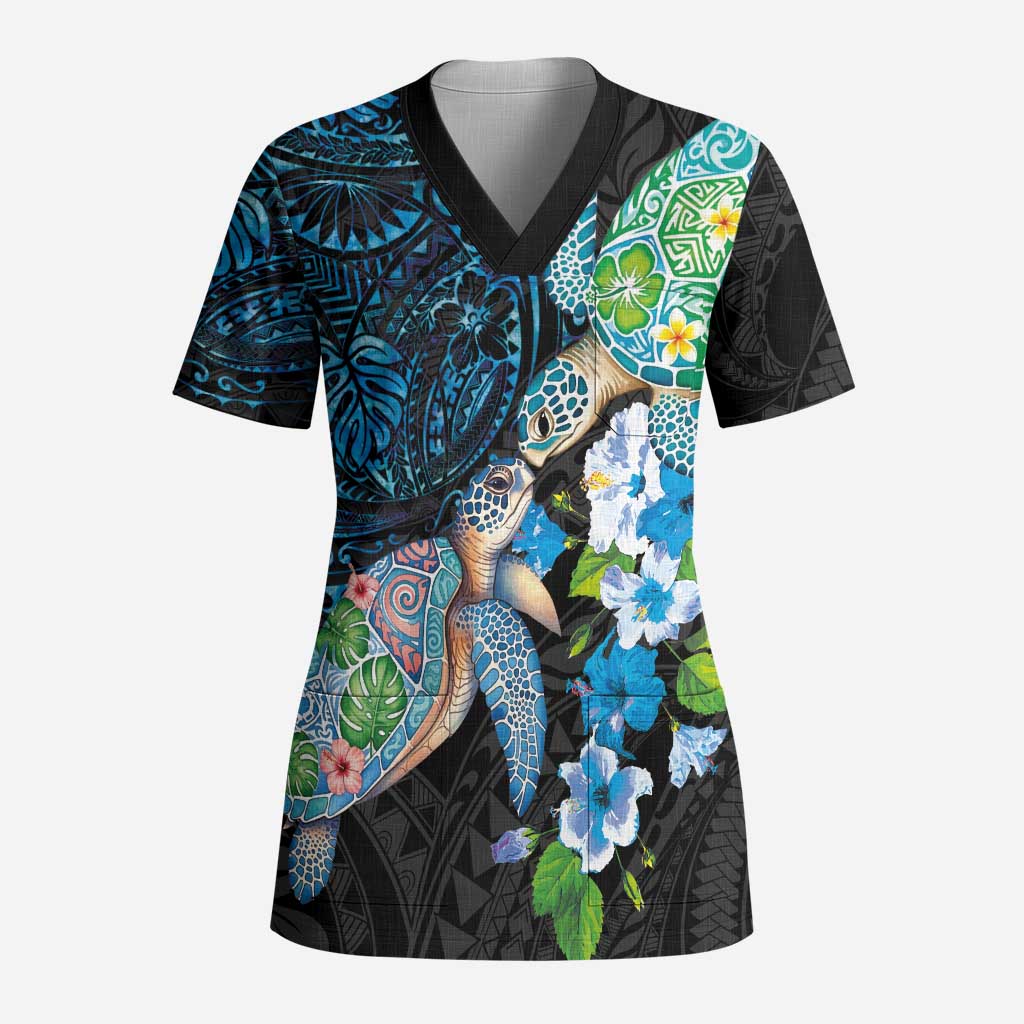 Hawaiian Couple Turtles Honi Scrub Top Polynesian Art Motifs and Hibiscus Black Blue Color LT03 Adult Black - Polynesian Pride
