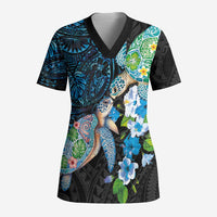 Hawaiian Couple Turtles Honi Scrub Top Polynesian Art Motifs and Hibiscus Black Blue Color LT03 Adult Black - Polynesian Pride