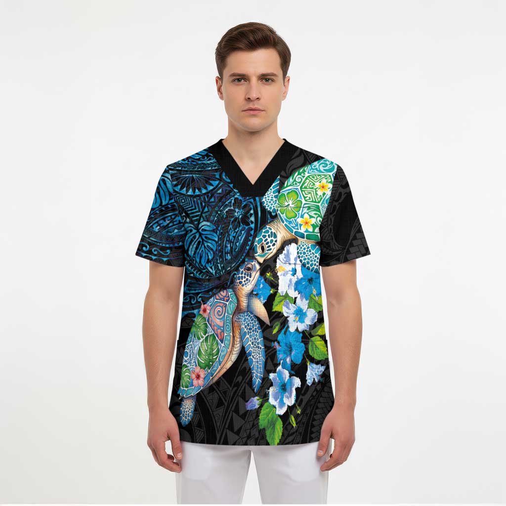 Hawaiian Couple Turtles Honi Scrub Top Polynesian Art Motifs and Hibiscus Black Blue Color LT03 - Polynesian Pride
