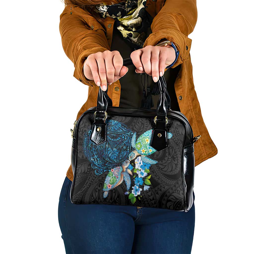 Hawaiian Couple Turtles Honi Shoulder Handbag Polynesian Art Motifs and Hibiscus Black Blue Color LT03 One Size Black - Polynesian Pride