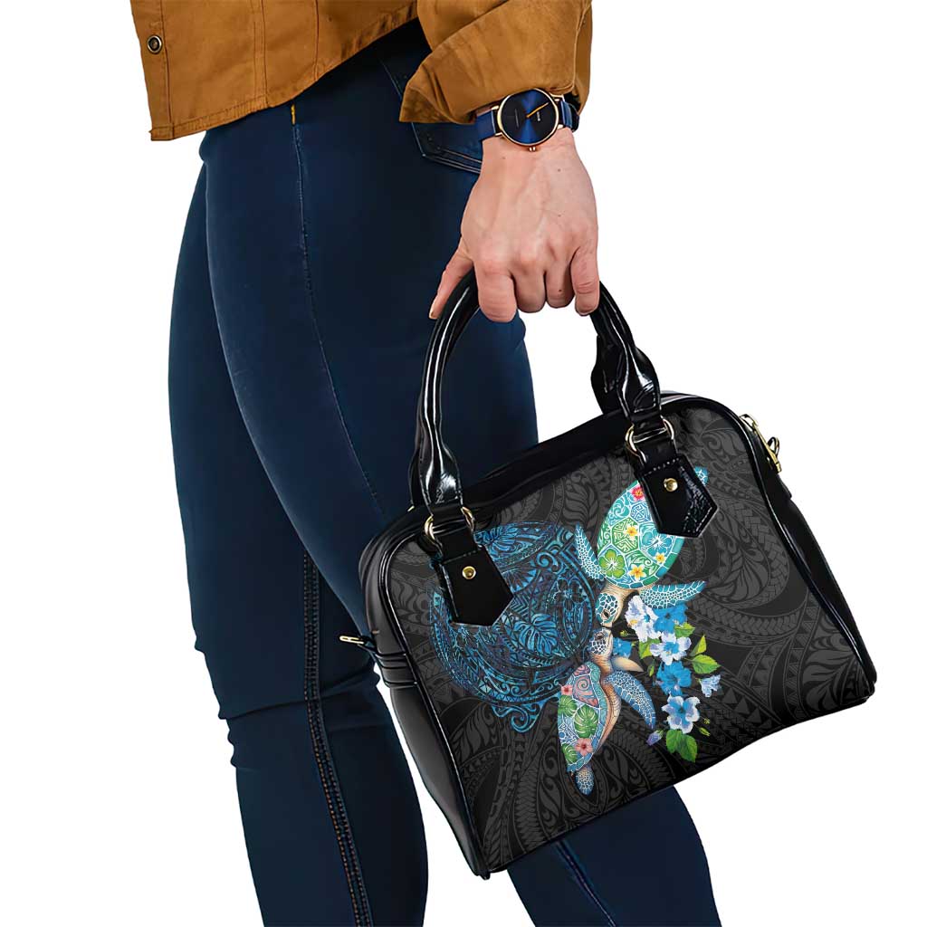 Hawaiian Couple Turtles Honi Shoulder Handbag Polynesian Art Motifs and Hibiscus Black Blue Color LT03 - Polynesian Pride