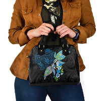 Hawaiian Couple Turtles Honi Shoulder Handbag Polynesian Art Motifs and Hibiscus Black Blue Color LT03 - Polynesian Pride