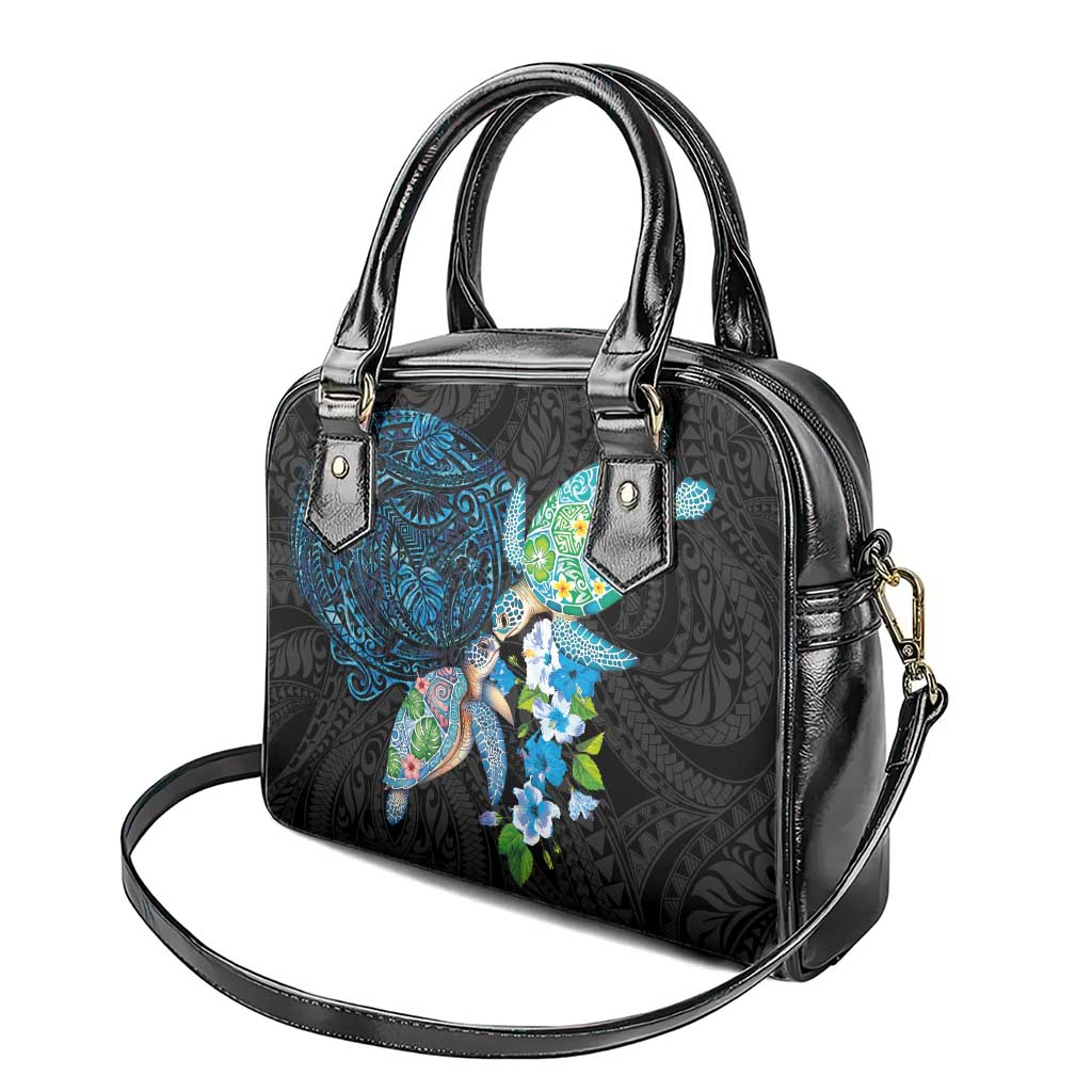 Hawaiian Couple Turtles Honi Shoulder Handbag Polynesian Art Motifs and Hibiscus Black Blue Color LT03 - Polynesian Pride