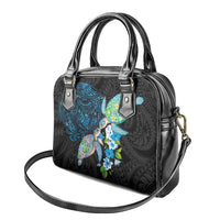 Hawaiian Couple Turtles Honi Shoulder Handbag Polynesian Art Motifs and Hibiscus Black Blue Color LT03 - Polynesian Pride