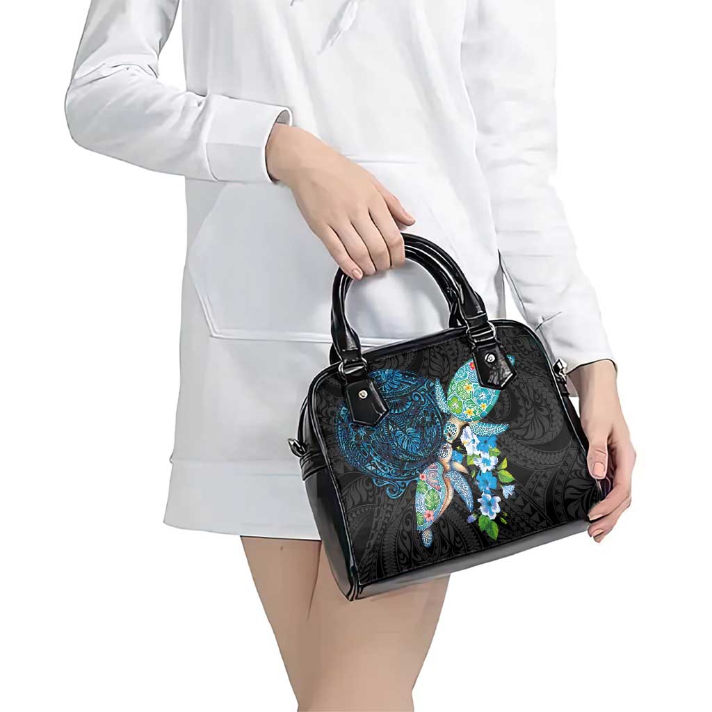 Hawaiian Couple Turtles Honi Shoulder Handbag Polynesian Art Motifs and Hibiscus Black Blue Color LT03 - Polynesian Pride