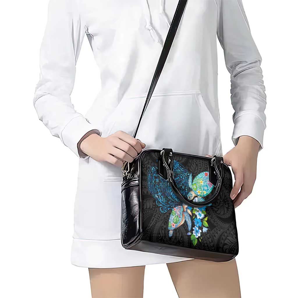 Hawaiian Couple Turtles Honi Shoulder Handbag Polynesian Art Motifs and Hibiscus Black Blue Color LT03 - Polynesian Pride