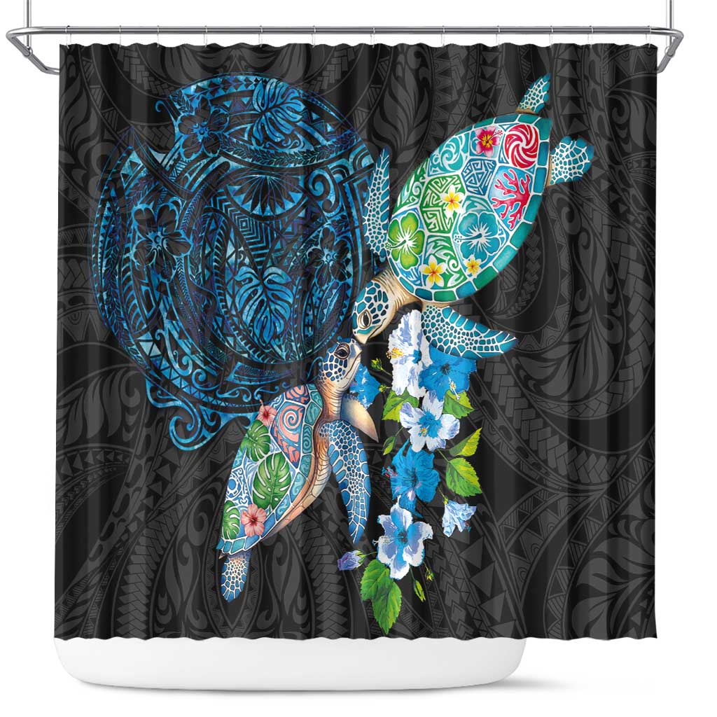 Hawaiian Couple Turtles Honi Shower Curtain Polynesian Art Motifs and Hibiscus Black Blue Color LT03 Black - Polynesian Pride