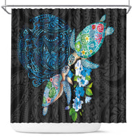 Hawaiian Couple Turtles Honi Shower Curtain Polynesian Art Motifs and Hibiscus Black Blue Color LT03 Black - Polynesian Pride