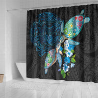 Hawaiian Couple Turtles Honi Shower Curtain Polynesian Art Motifs and Hibiscus Black Blue Color LT03 - Polynesian Pride