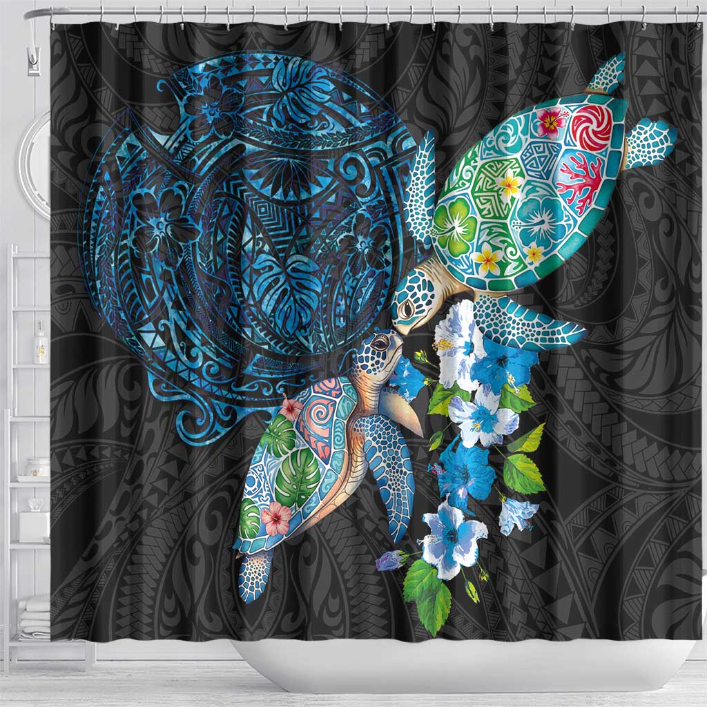 Hawaiian Couple Turtles Honi Shower Curtain Polynesian Art Motifs and Hibiscus Black Blue Color LT03 - Polynesian Pride