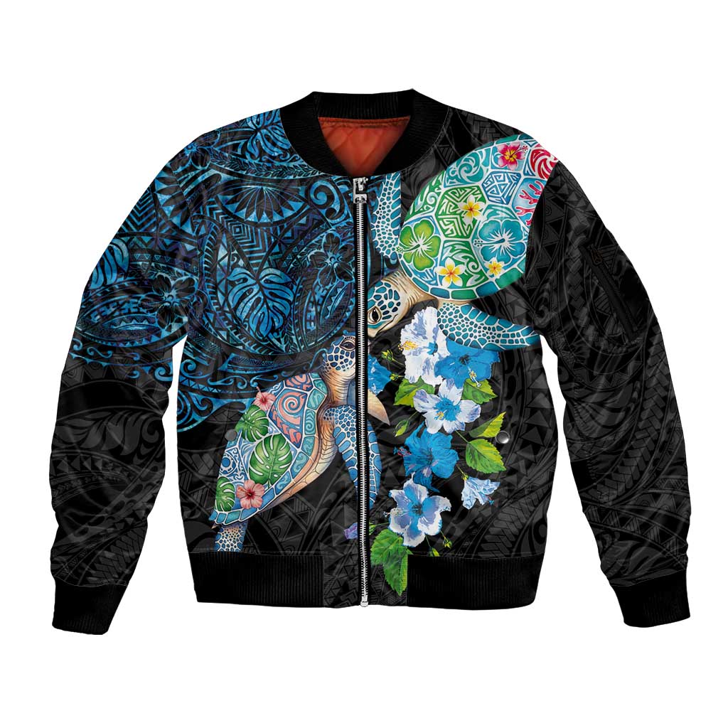 Hawaiian Couple Turtles Honi Sleeve Zip Bomber Jacket Polynesian Art Motifs and Hibiscus Black Blue Color LT03 Unisex Black - Polynesian Pride