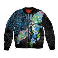 Hawaiian Couple Turtles Honi Sleeve Zip Bomber Jacket Polynesian Art Motifs and Hibiscus Black Blue Color LT03 Unisex Black - Polynesian Pride