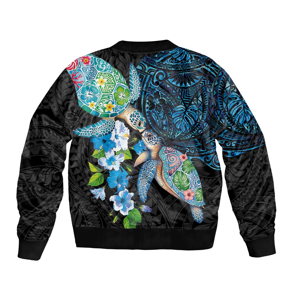 Hawaiian Couple Turtles Honi Sleeve Zip Bomber Jacket Polynesian Art Motifs and Hibiscus Black Blue Color LT03 - Polynesian Pride