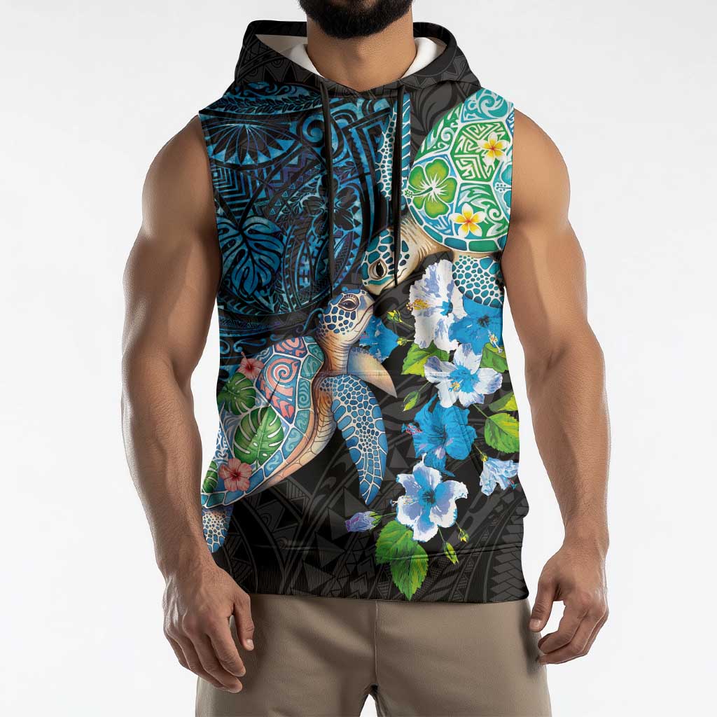 Hawaiian Couple Turtles Honi Sleeveless Hoodie Polynesian Art Motifs and Hibiscus Black Blue Color LT03 - Polynesian Pride