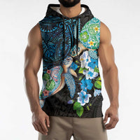 Hawaiian Couple Turtles Honi Sleeveless Hoodie Polynesian Art Motifs and Hibiscus Black Blue Color LT03 - Polynesian Pride