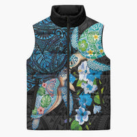 Hawaiian Couple Turtles Honi Sleeveless Puffer Jacket Polynesian Art Motifs and Hibiscus Black Blue Color LT03 Unisex Black - Polynesian Pride