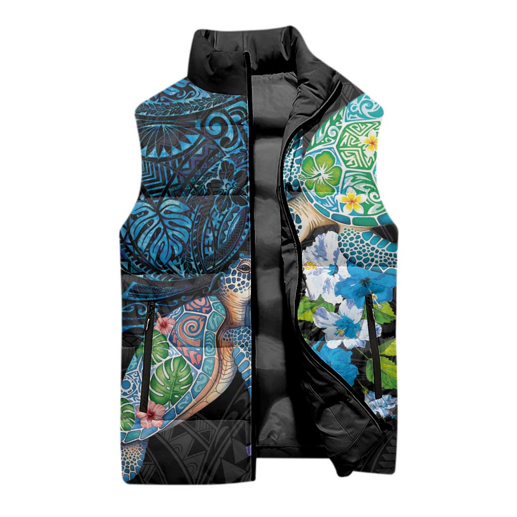 Hawaiian Couple Turtles Honi Sleeveless Puffer Jacket Polynesian Art Motifs and Hibiscus Black Blue Color LT03 - Polynesian Pride