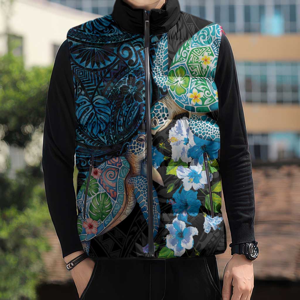 Hawaiian Couple Turtles Honi Sleeveless Puffer Jacket Polynesian Art Motifs and Hibiscus Black Blue Color LT03 - Polynesian Pride