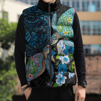 Hawaiian Couple Turtles Honi Sleeveless Puffer Jacket Polynesian Art Motifs and Hibiscus Black Blue Color LT03 - Polynesian Pride