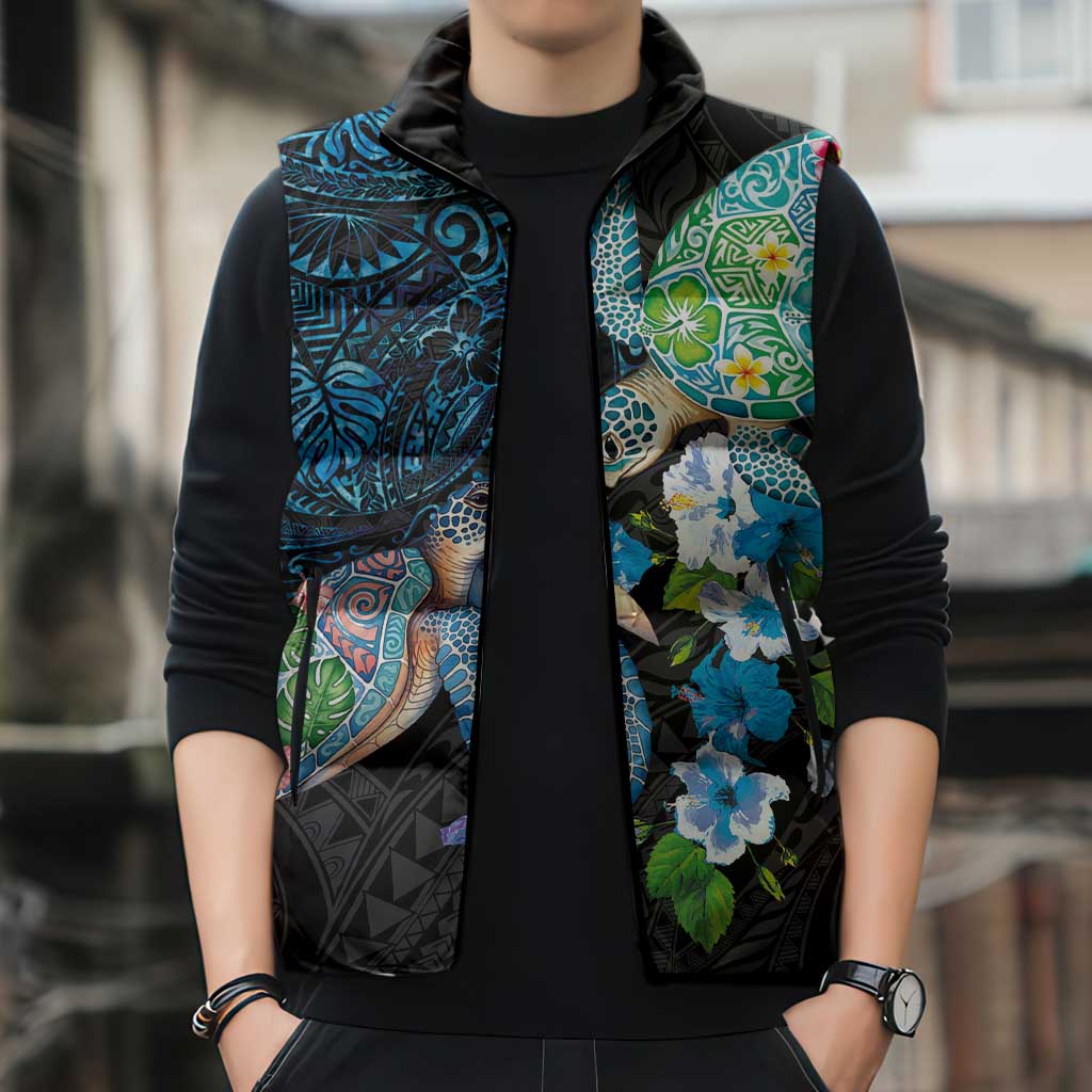 Hawaiian Couple Turtles Honi Sleeveless Puffer Jacket Polynesian Art Motifs and Hibiscus Black Blue Color LT03 - Polynesian Pride