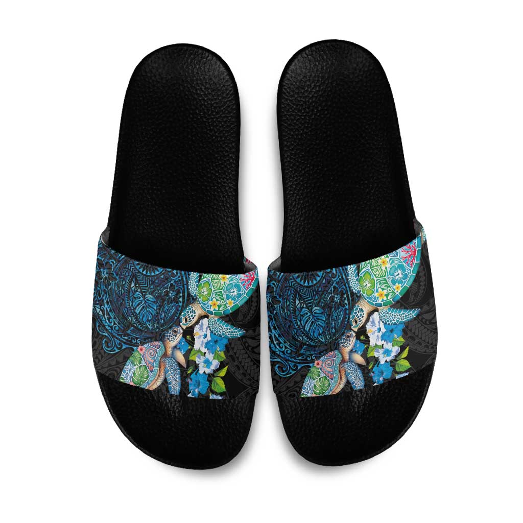 Hawaiian Couple Turtles Honi Slide Sandals Polynesian Art Motifs and Hibiscus Black Blue Color LT03 Black - Polynesian Pride