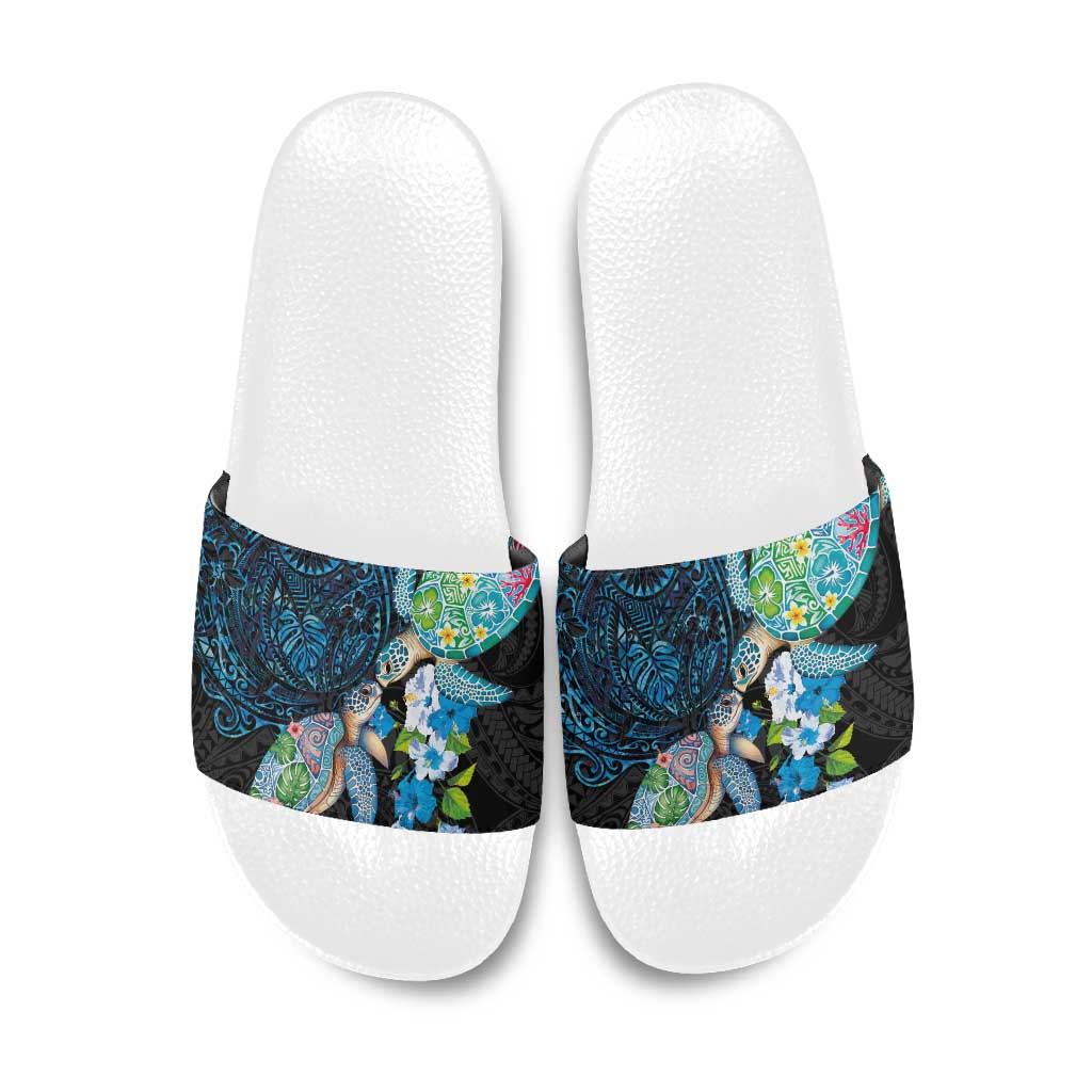 Hawaiian Couple Turtles Honi Slide Sandals Polynesian Art Motifs and Hibiscus Black Blue Color LT03 Black - Polynesian Pride