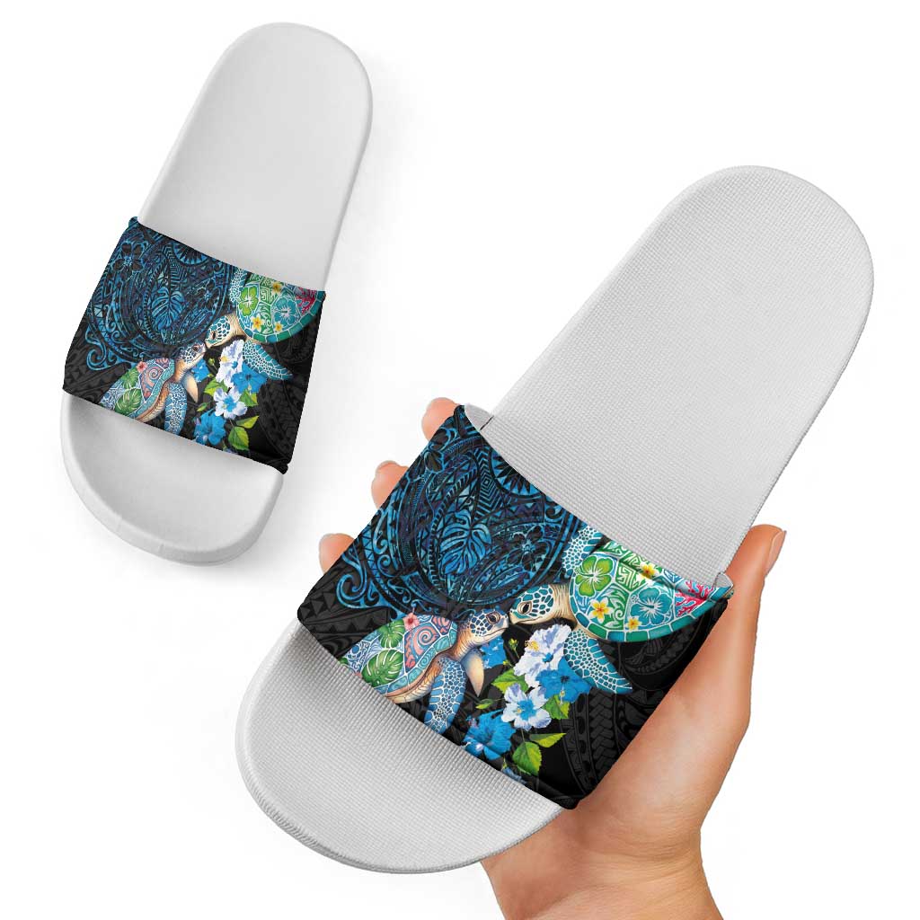 Hawaiian Couple Turtles Honi Slide Sandals Polynesian Art Motifs and Hibiscus Black Blue Color LT03 - Polynesian Pride