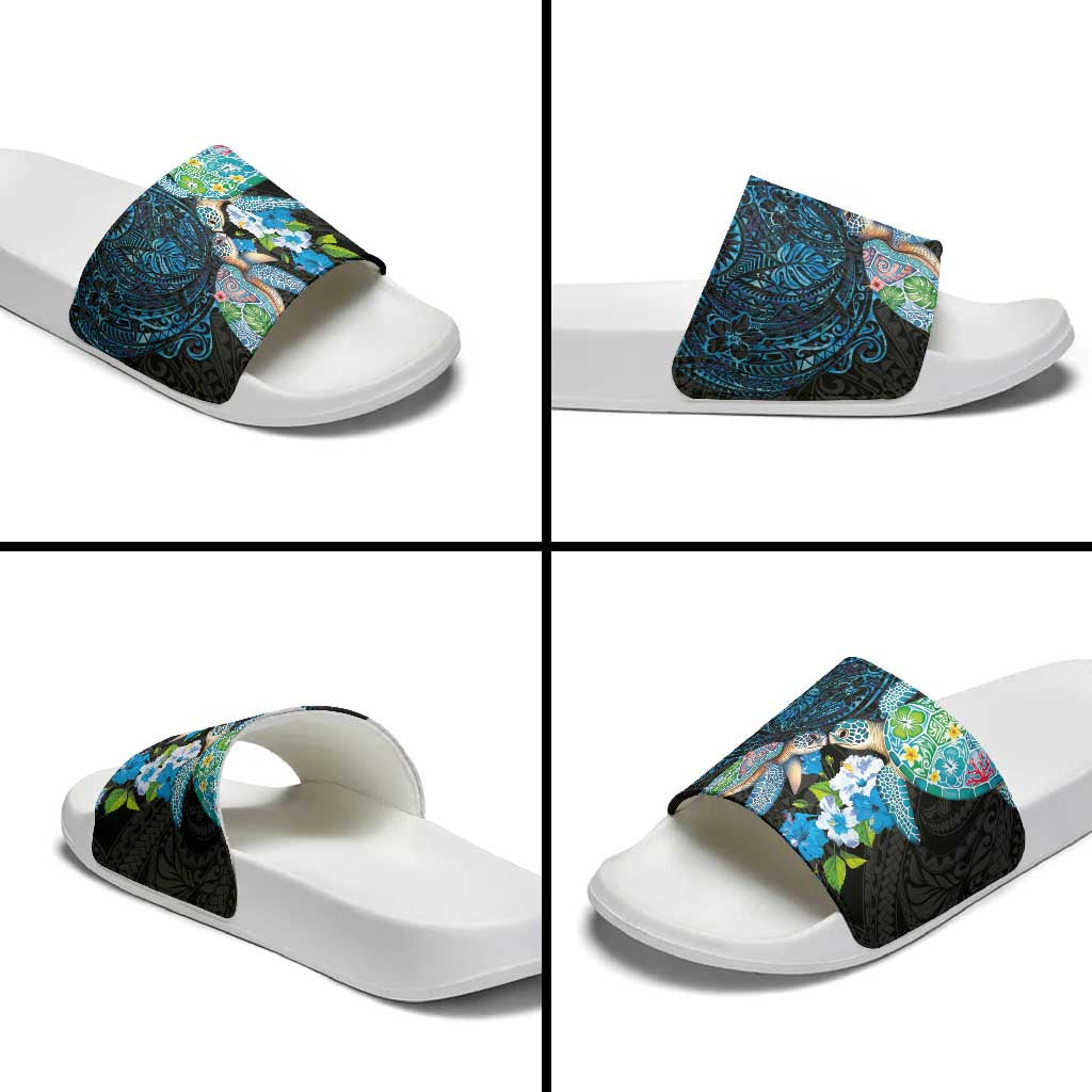 Hawaiian Couple Turtles Honi Slide Sandals Polynesian Art Motifs and Hibiscus Black Blue Color LT03 - Polynesian Pride