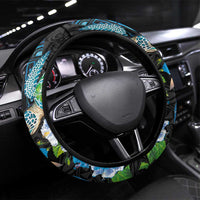 Hawaiian Couple Turtles Honi Steering Wheel Cover Polynesian Art Motifs and Hibiscus Black Blue Color LT03 Universal Fit Black - Polynesian Pride