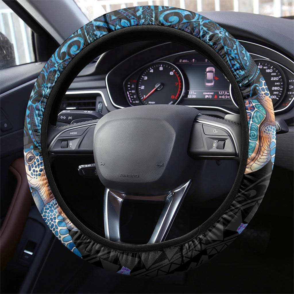 Hawaiian Couple Turtles Honi Steering Wheel Cover Polynesian Art Motifs and Hibiscus Black Blue Color LT03 - Polynesian Pride