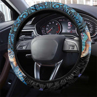 Hawaiian Couple Turtles Honi Steering Wheel Cover Polynesian Art Motifs and Hibiscus Black Blue Color LT03 - Polynesian Pride