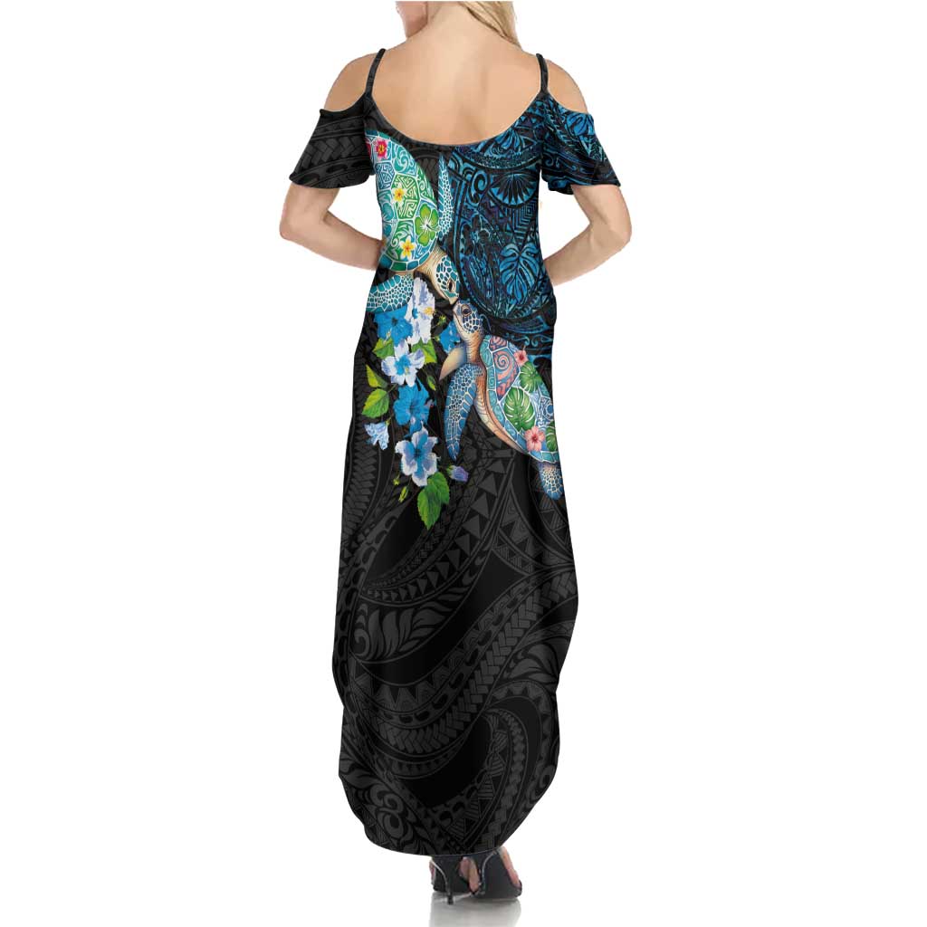 Hawaiian Couple Turtles Honi Summer Maxi Dress Polynesian Art Motifs and Hibiscus Black Blue Color LT03 - Polynesian Pride