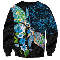 Hawaiian Couple Turtles Honi Sweatshirt Polynesian Art Motifs and Hibiscus Black Blue Color LT03 - Polynesian Pride