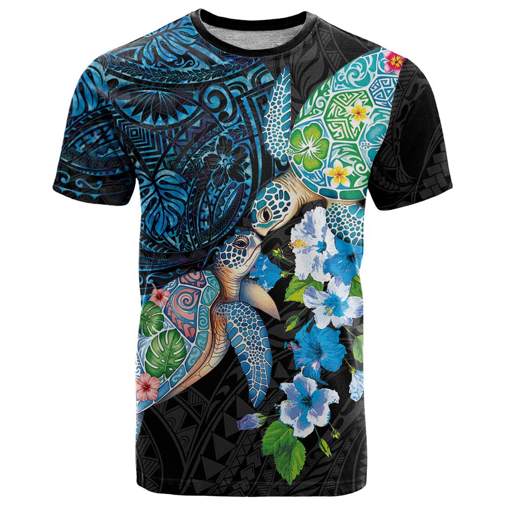 Hawaiian Couple Turtles Honi T Shirt Polynesian Art Motifs and Hibiscus Black Blue Color LT03 Black - Polynesian Pride