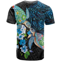 Hawaiian Couple Turtles Honi T Shirt Polynesian Art Motifs and Hibiscus Black Blue Color LT03 - Polynesian Pride