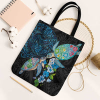 Hawaiian Couple Turtles Honi Tote Bag Polynesian Art Motifs and Hibiscus Black Blue Color LT03 Black Strap One Size Black - Polynesian Pride