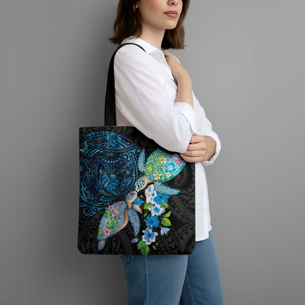 Hawaiian Couple Turtles Honi Tote Bag Polynesian Art Motifs and Hibiscus Black Blue Color LT03 - Polynesian Pride